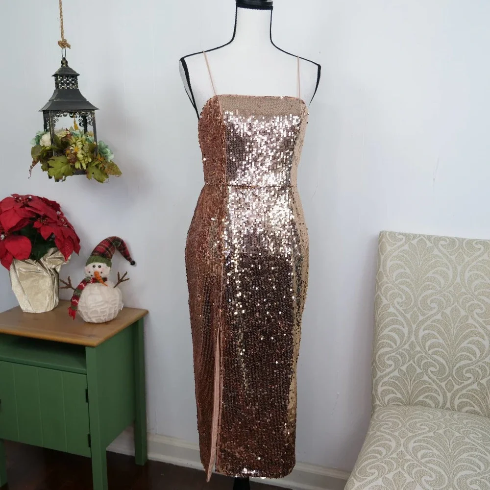 Jay Godfrey Maurice Rose Gold Sequin Dress Size 4 Cocktail Party Midi Slit - Picture 9 of 10